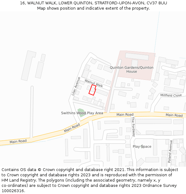 16, WALNUT WALK, LOWER QUINTON, STRATFORD-UPON-AVON, CV37 8UU: Location map and indicative extent of plot