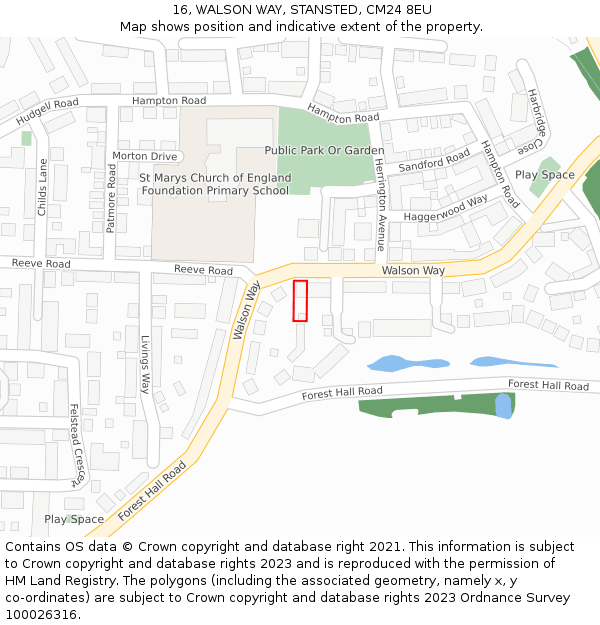 16, WALSON WAY, STANSTED, CM24 8EU: Location map and indicative extent of plot