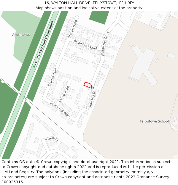 16, WALTON HALL DRIVE, FELIXSTOWE, IP11 9FA: Location map and indicative extent of plot