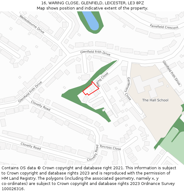 16, WARING CLOSE, GLENFIELD, LEICESTER, LE3 8PZ: Location map and indicative extent of plot