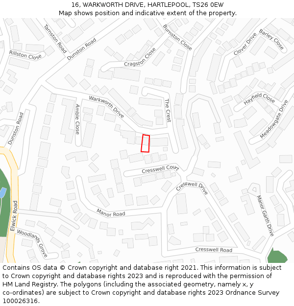 16, WARKWORTH DRIVE, HARTLEPOOL, TS26 0EW: Location map and indicative extent of plot