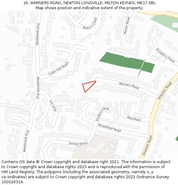 16, WARNERS ROAD, NEWTON LONGVILLE, MILTON KEYNES, MK17 0BL: Location map and indicative extent of plot