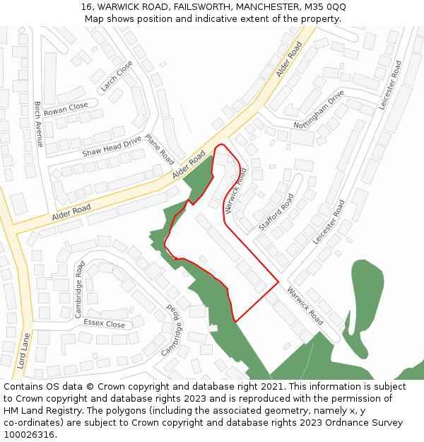 16, WARWICK ROAD, FAILSWORTH, MANCHESTER, M35 0QQ: Location map and indicative extent of plot