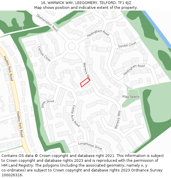 16, WARWICK WAY, LEEGOMERY, TELFORD, TF1 6JZ: Location map and indicative extent of plot