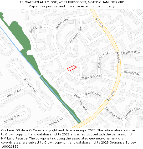 16, WATENDLATH CLOSE, WEST BRIDGFORD, NOTTINGHAM, NG2 6RD: Location map and indicative extent of plot