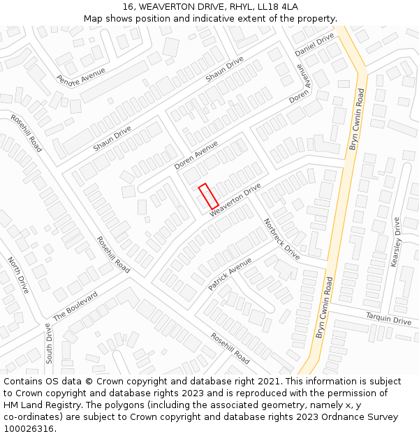 16, WEAVERTON DRIVE, RHYL, LL18 4LA: Location map and indicative extent of plot