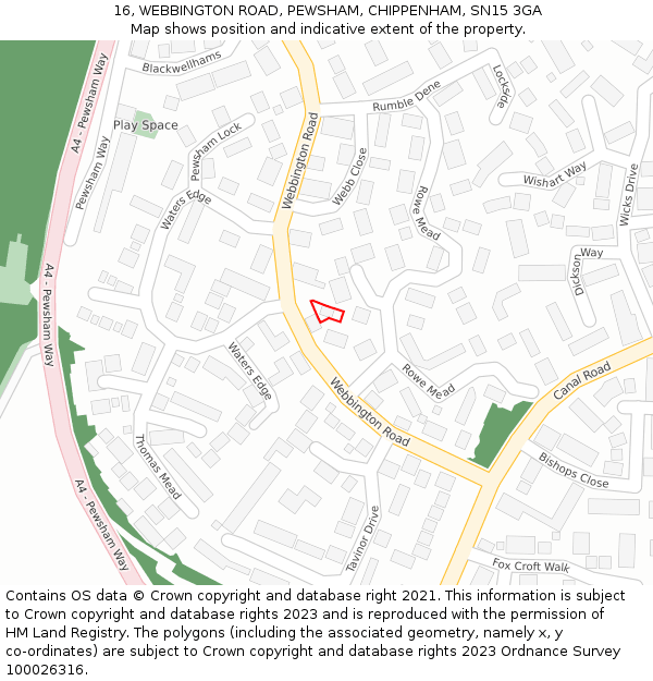 16, WEBBINGTON ROAD, PEWSHAM, CHIPPENHAM, SN15 3GA: Location map and indicative extent of plot