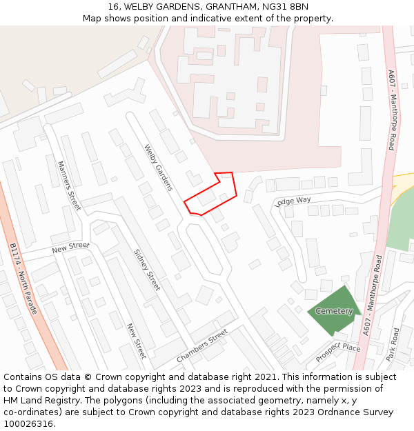 16, WELBY GARDENS, GRANTHAM, NG31 8BN: Location map and indicative extent of plot