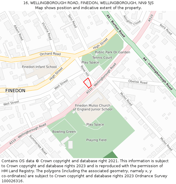 16, WELLINGBOROUGH ROAD, FINEDON, WELLINGBOROUGH, NN9 5JS: Location map and indicative extent of plot