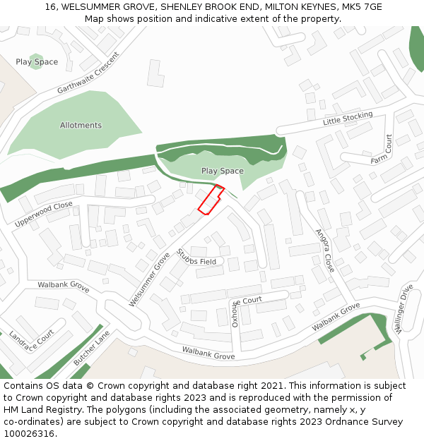 16, WELSUMMER GROVE, SHENLEY BROOK END, MILTON KEYNES, MK5 7GE: Location map and indicative extent of plot