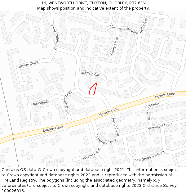 16, WENTWORTH DRIVE, EUXTON, CHORLEY, PR7 6FN: Location map and indicative extent of plot