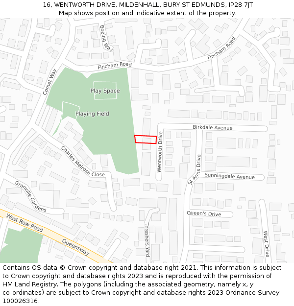 16, WENTWORTH DRIVE, MILDENHALL, BURY ST EDMUNDS, IP28 7JT: Location map and indicative extent of plot