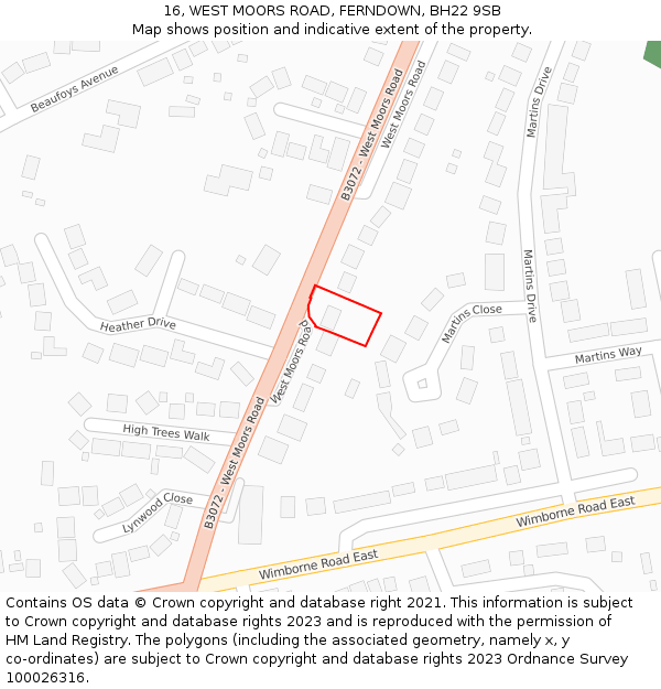 16, WEST MOORS ROAD, FERNDOWN, BH22 9SB: Location map and indicative extent of plot