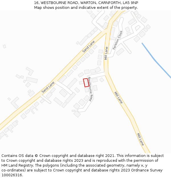 16, WESTBOURNE ROAD, WARTON, CARNFORTH, LA5 9NP: Location map and indicative extent of plot