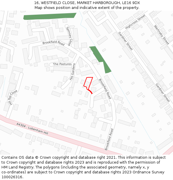 16, WESTFIELD CLOSE, MARKET HARBOROUGH, LE16 9DX: Location map and indicative extent of plot