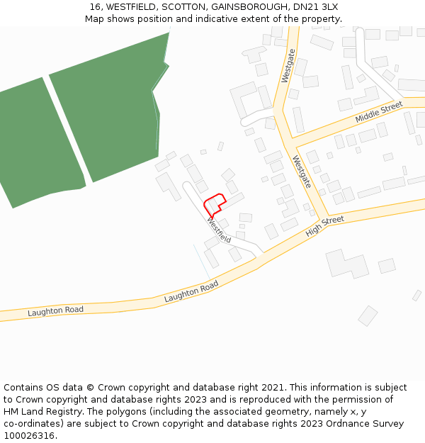 16, WESTFIELD, SCOTTON, GAINSBOROUGH, DN21 3LX: Location map and indicative extent of plot