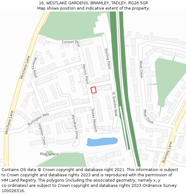 16, WESTLAKE GARDENS, BRAMLEY, TADLEY, RG26 5GP: Location map and indicative extent of plot