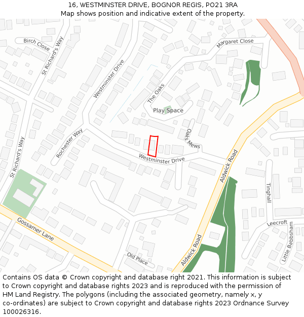 16, WESTMINSTER DRIVE, BOGNOR REGIS, PO21 3RA: Location map and indicative extent of plot