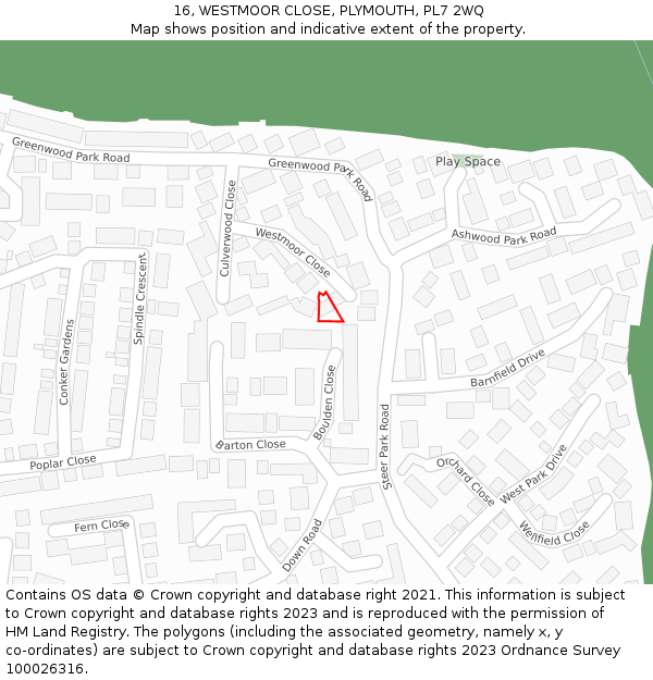16, WESTMOOR CLOSE, PLYMOUTH, PL7 2WQ: Location map and indicative extent of plot
