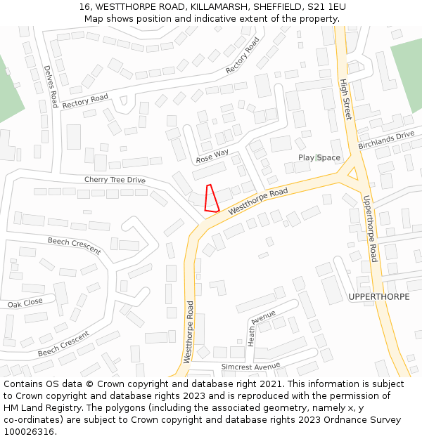 16, WESTTHORPE ROAD, KILLAMARSH, SHEFFIELD, S21 1EU: Location map and indicative extent of plot