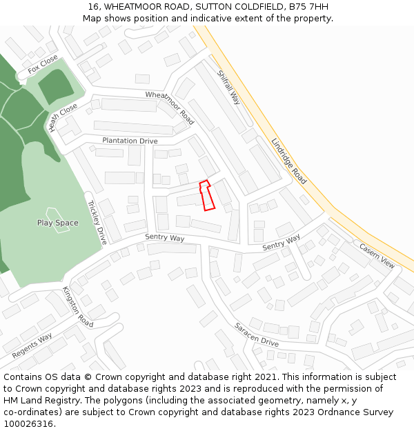 16, WHEATMOOR ROAD, SUTTON COLDFIELD, B75 7HH: Location map and indicative extent of plot