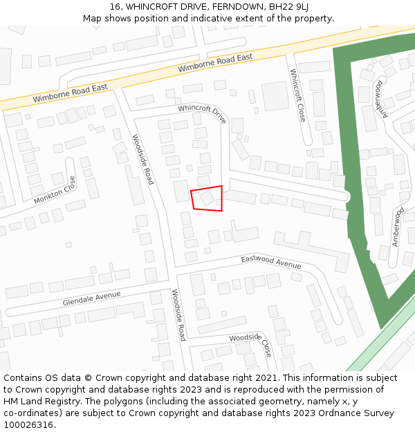 16, WHINCROFT DRIVE, FERNDOWN, BH22 9LJ: Location map and indicative extent of plot