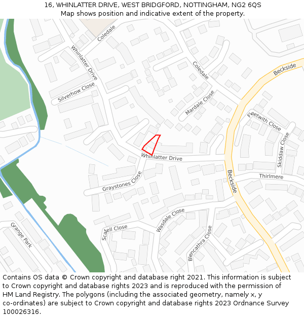 16, WHINLATTER DRIVE, WEST BRIDGFORD, NOTTINGHAM, NG2 6QS: Location map and indicative extent of plot