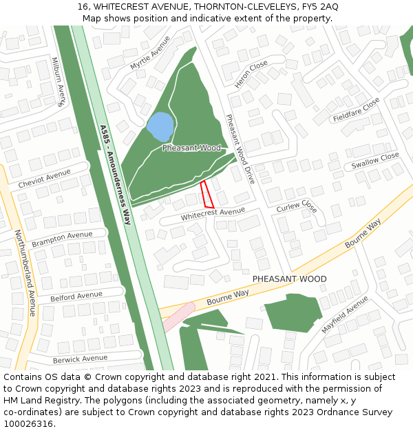 16, WHITECREST AVENUE, THORNTON-CLEVELEYS, FY5 2AQ: Location map and indicative extent of plot