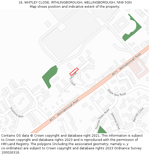 16, WHITLEY CLOSE, IRTHLINGBOROUGH, WELLINGBOROUGH, NN9 5GN: Location map and indicative extent of plot