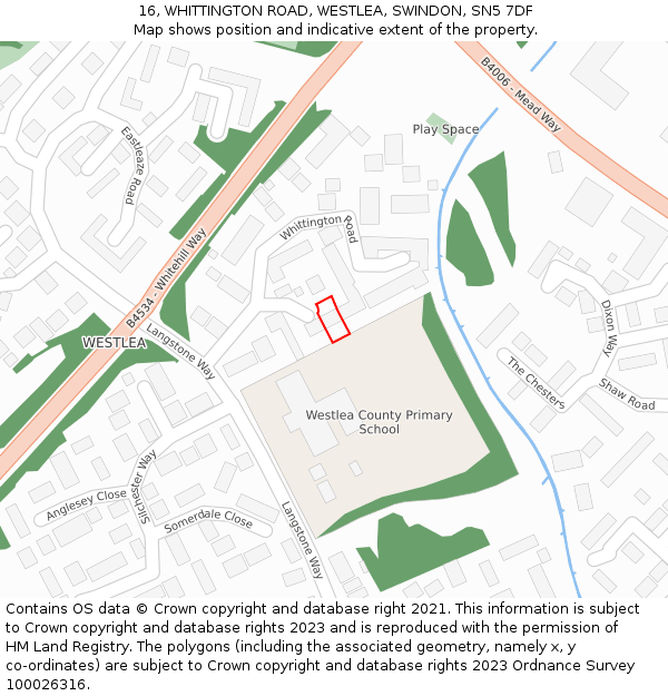 16, WHITTINGTON ROAD, WESTLEA, SWINDON, SN5 7DF: Location map and indicative extent of plot