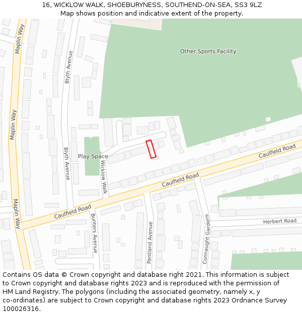 16, WICKLOW WALK, SHOEBURYNESS, SOUTHEND-ON-SEA, SS3 9LZ: Location map and indicative extent of plot