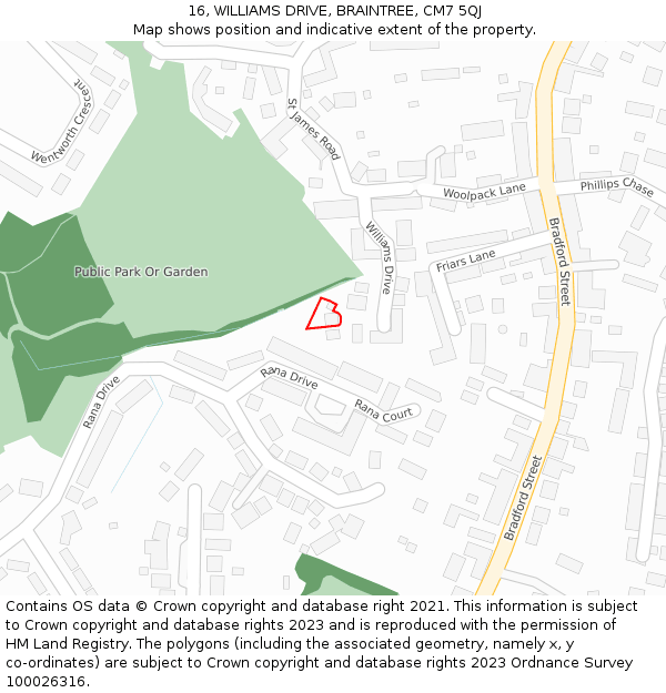 16, WILLIAMS DRIVE, BRAINTREE, CM7 5QJ: Location map and indicative extent of plot