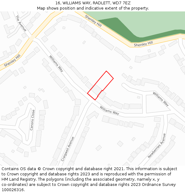 16, WILLIAMS WAY, RADLETT, WD7 7EZ: Location map and indicative extent of plot