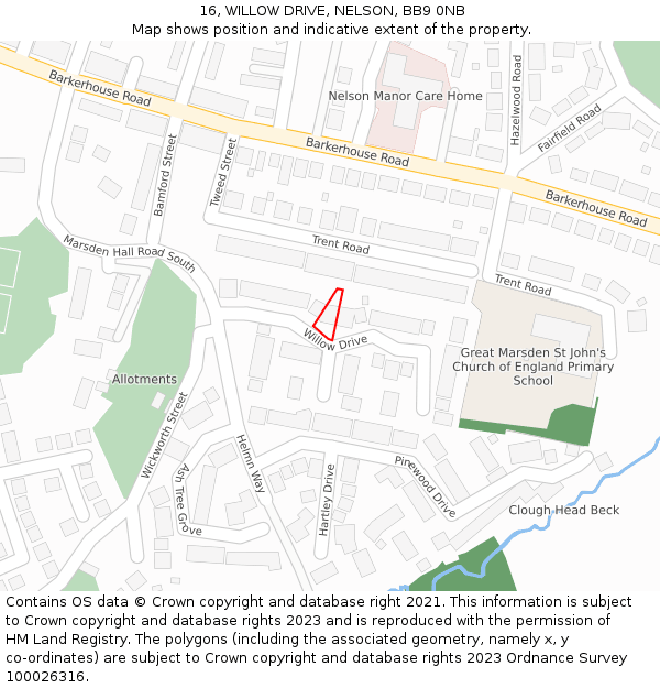 16, WILLOW DRIVE, NELSON, BB9 0NB: Location map and indicative extent of plot