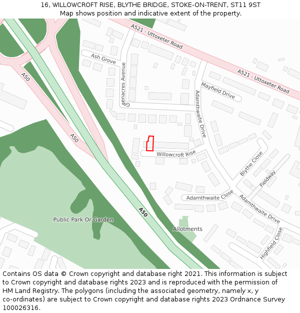 16, WILLOWCROFT RISE, BLYTHE BRIDGE, STOKE-ON-TRENT, ST11 9ST: Location map and indicative extent of plot
