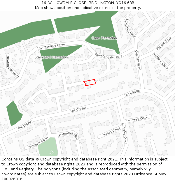 16, WILLOWDALE CLOSE, BRIDLINGTON, YO16 6RR: Location map and indicative extent of plot