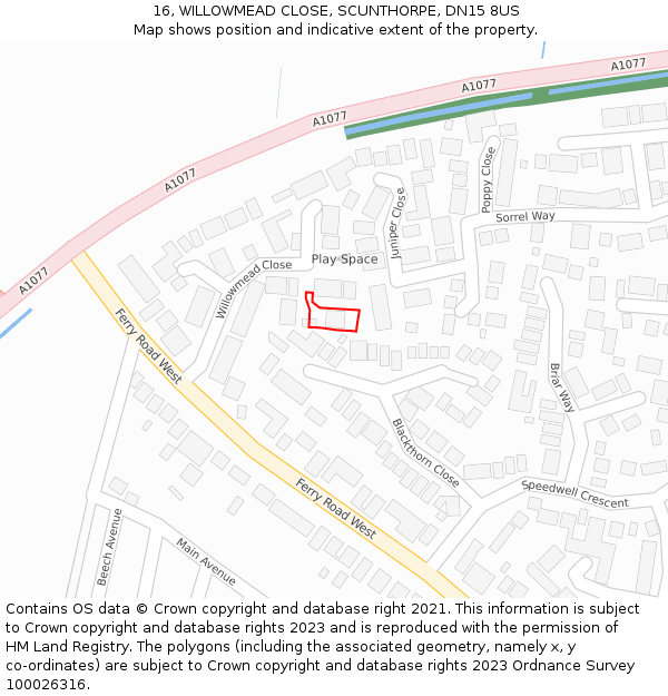 16, WILLOWMEAD CLOSE, SCUNTHORPE, DN15 8US: Location map and indicative extent of plot