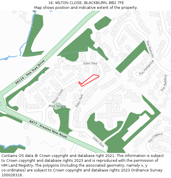 16, WILTON CLOSE, BLACKBURN, BB2 7FE: Location map and indicative extent of plot