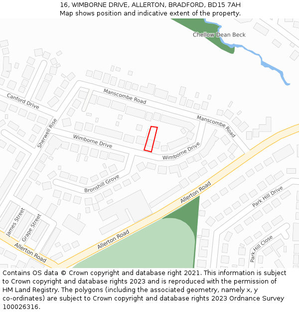 16, WIMBORNE DRIVE, ALLERTON, BRADFORD, BD15 7AH: Location map and indicative extent of plot