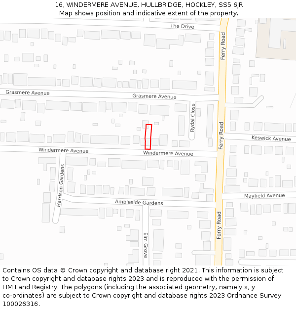 16, WINDERMERE AVENUE, HULLBRIDGE, HOCKLEY, SS5 6JR: Location map and indicative extent of plot