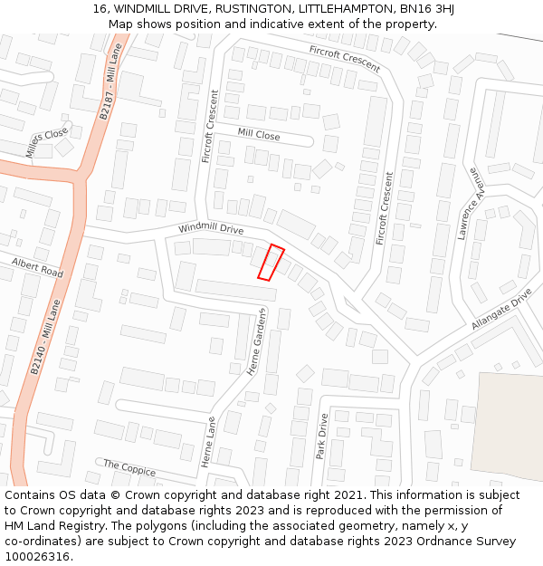 16, WINDMILL DRIVE, RUSTINGTON, LITTLEHAMPTON, BN16 3HJ: Location map and indicative extent of plot