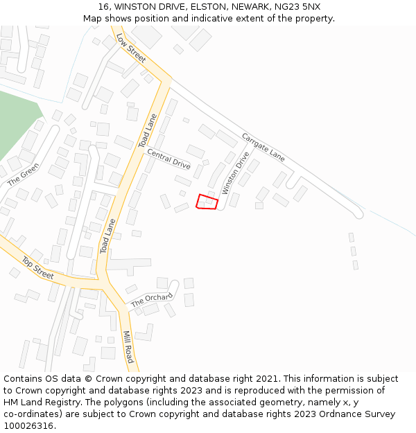 16, WINSTON DRIVE, ELSTON, NEWARK, NG23 5NX: Location map and indicative extent of plot