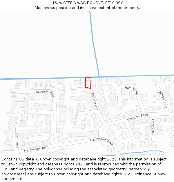 16, WISTERIA WAY, BOURNE, PE10 9SY: Location map and indicative extent of plot