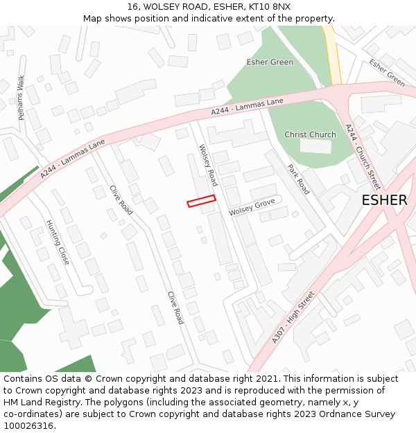 16, WOLSEY ROAD, ESHER, KT10 8NX: Location map and indicative extent of plot