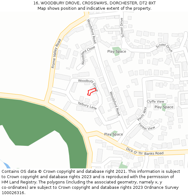 16, WOODBURY DROVE, CROSSWAYS, DORCHESTER, DT2 8XT: Location map and indicative extent of plot