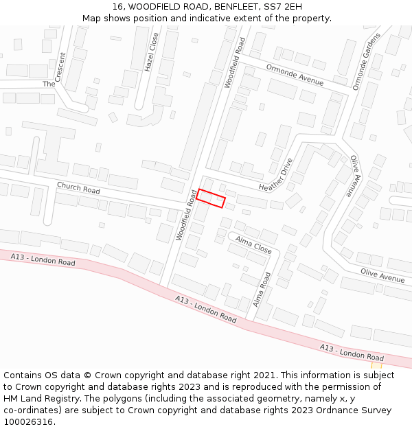 16, WOODFIELD ROAD, BENFLEET, SS7 2EH: Location map and indicative extent of plot