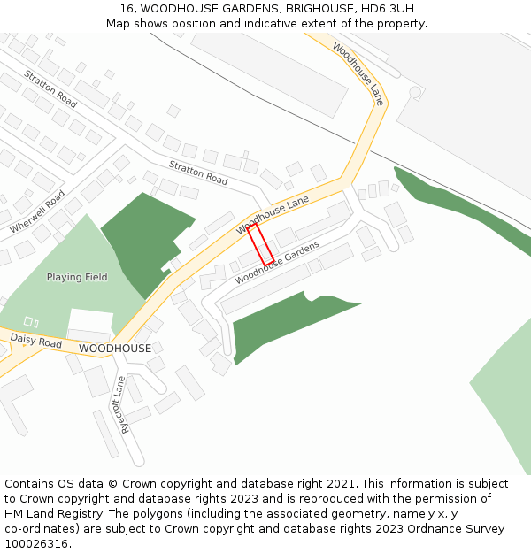 16, WOODHOUSE GARDENS, BRIGHOUSE, HD6 3UH: Location map and indicative extent of plot