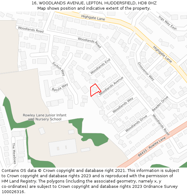 16, WOODLANDS AVENUE, LEPTON, HUDDERSFIELD, HD8 0HZ: Location map and indicative extent of plot