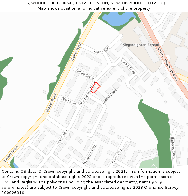 16, WOODPECKER DRIVE, KINGSTEIGNTON, NEWTON ABBOT, TQ12 3RQ: Location map and indicative extent of plot