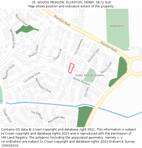 16, WOODS MEADOW, ELVASTON, DERBY, DE72 3UX: Location map and indicative extent of plot